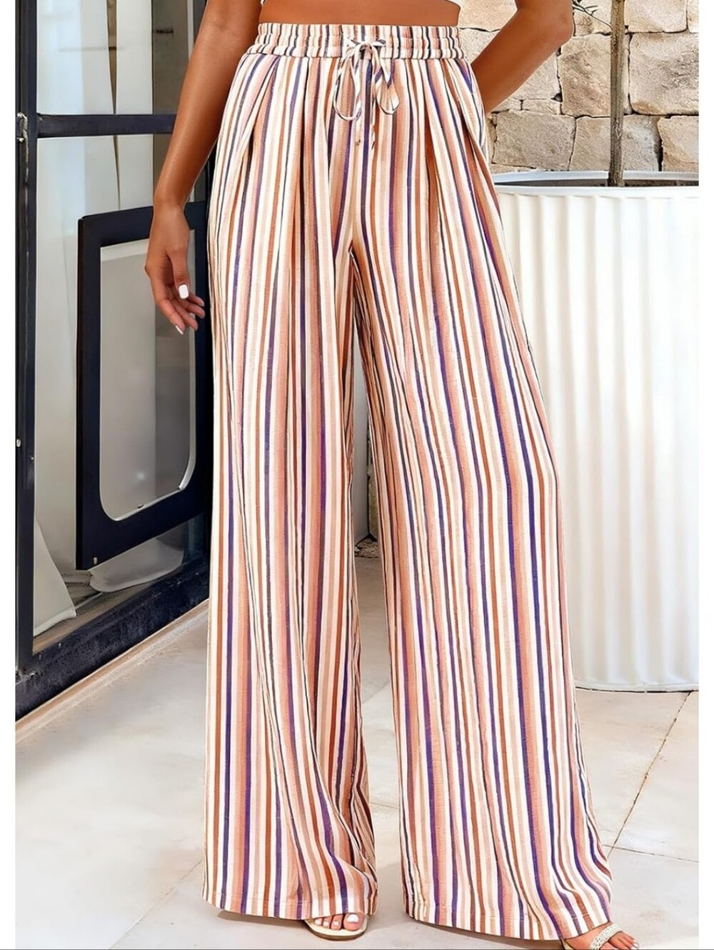Striped High-Waist Wide-Leg Pants in Peach Multi